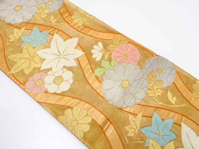 アンティーク　立涌に菊楓模様織り出し袋帯（材料）